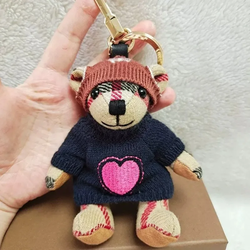 Cute Cashmere Plaid Teddy Bear Trench Coat Naked Bear Car Keychain Charm Couple Bag Pendant Plush Doll Gift Women Men