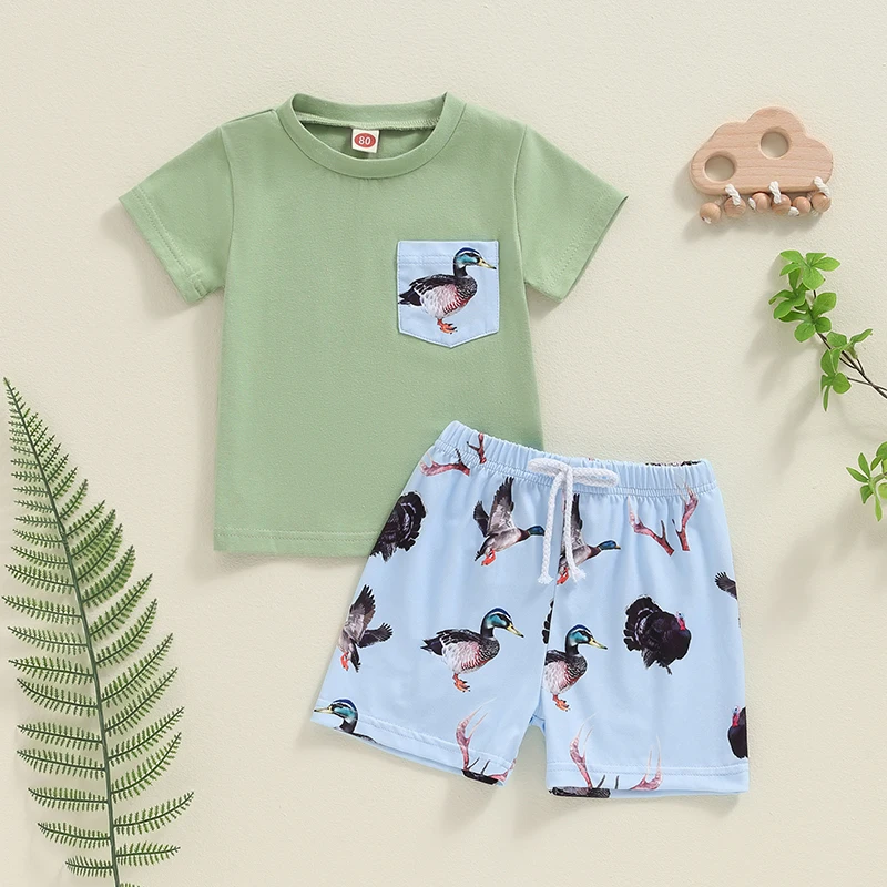 2024-04-26 Lioraitiin Toddler Baby Boy Summer Outfit Duck Print Short Sleeve T-Shirt Elastic Waist Shorts Set