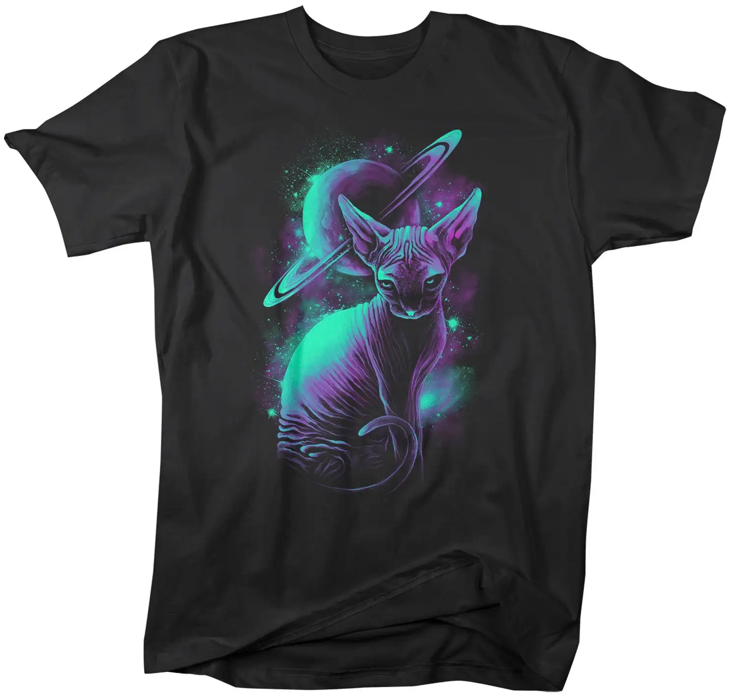 Men's Hipster T Shirt Hairless Cat Grunge Hipsters Celestial Space Saturn