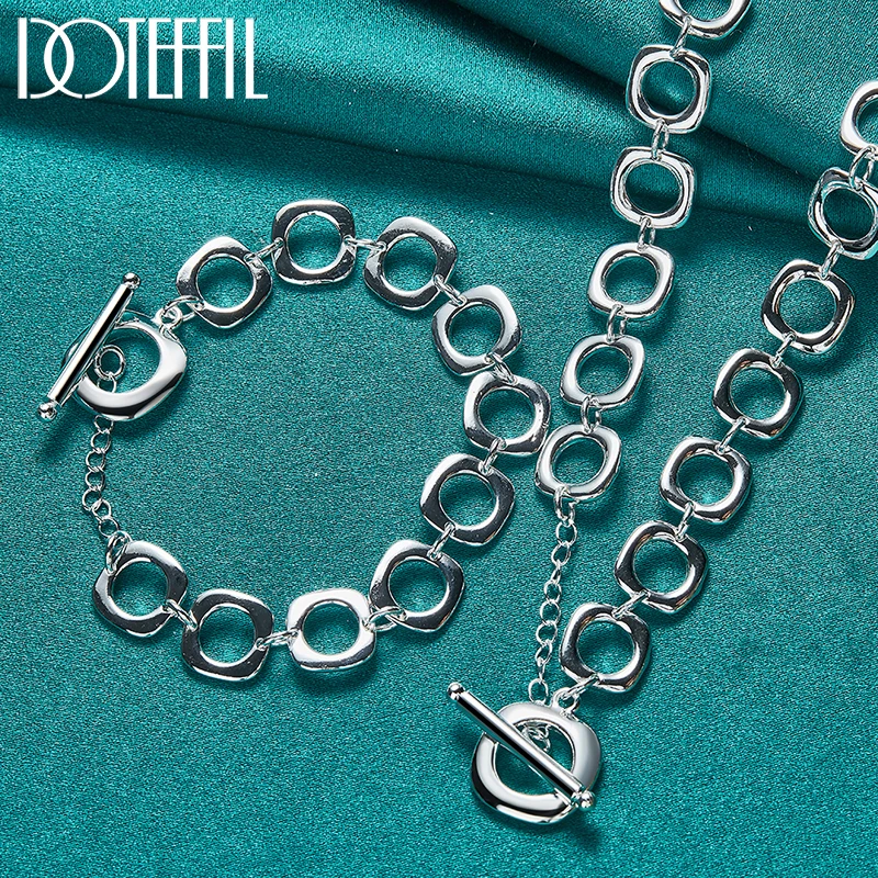 DOTEFFIL 2 szt. 925 Sterling Silver kwadratowy okrągły łańcuszek naszyjnik zestaw bransoletek dla mężczyzn kobieta ślub przyjęcie zaręczynowe urok biżuterii