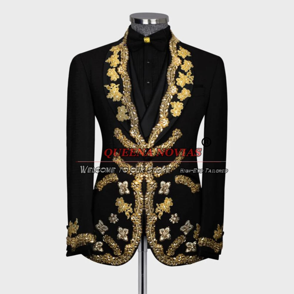 Trajes negros reales para hombres, Blazer de baile de graduación con apliques de cuentas doradas, esmoquin elegante hecho a medida, banquete de negocios, novio, 3 piezas