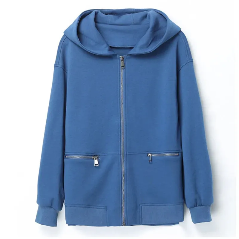 

Spring Autumn Short Jacket Women 2023 New Loose Hooded Coat Fashion Zipper Pocket Outerwear Pure Colour Tops Overcoat Female