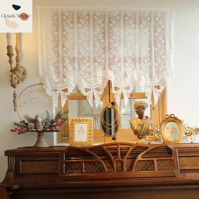 

French Aesthetic Retro Bows Lace Short Tulle Curtains White Fine Woven Flower Jacquard Sheer Half Coffee Curtain Door Drapes