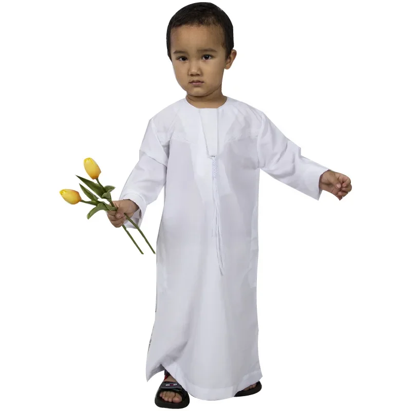 Kurtas Middle Eastern Children Embroidered Round Neck and Drawstring Ethnic Clothing in A White Robe