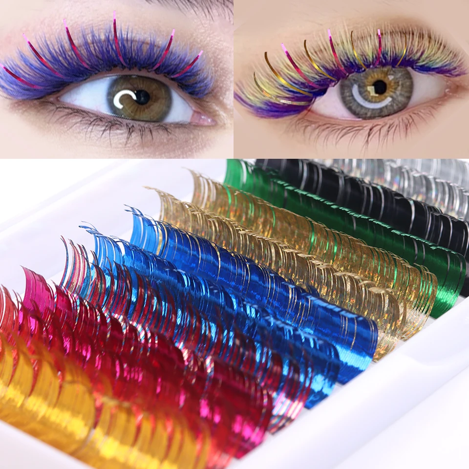 

New Fashion Shiny Colorful Lashes Individual Holographic Tinsel Eyelash Extension Lashes Colors TInsel Eyelashes Party Makeup