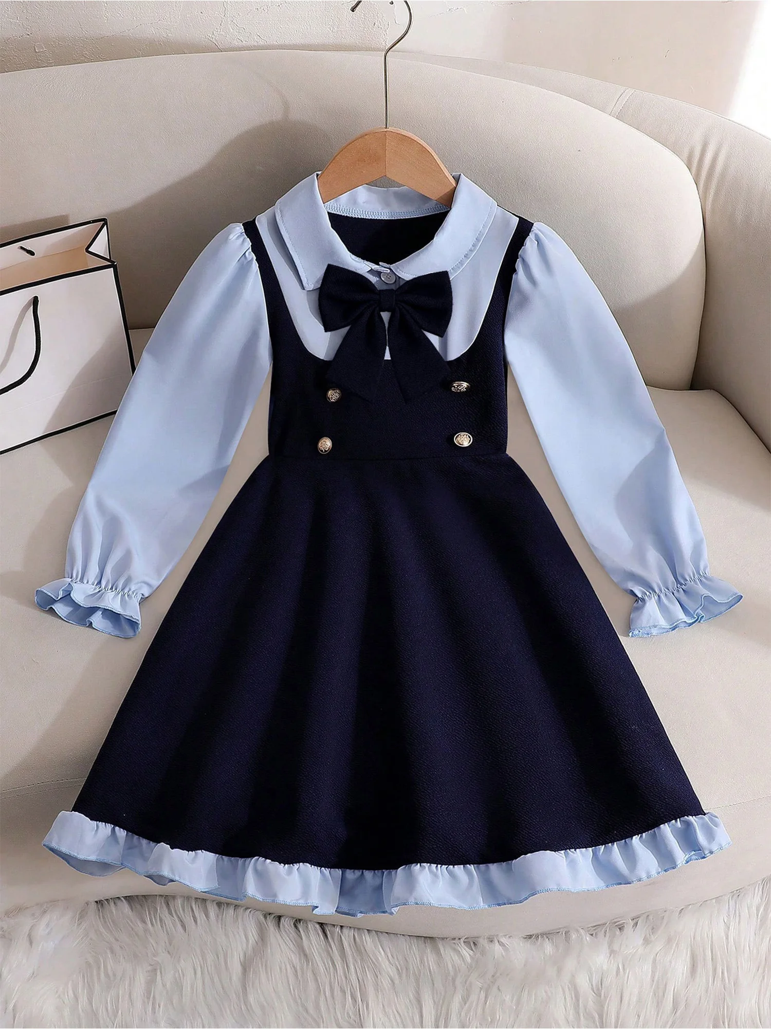 8Y-12Y Kids Girls College Style A-line Dress Lapel Long Sleeve Color-blocking Fake 2-piece Dress for School Party