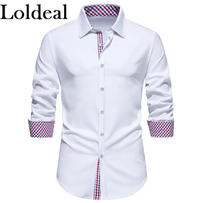 Loldeal Mens Dress Shirts Long Sleeve Button Down Casual Shirts for Men Inner Contrast Formal Business Tuxedo Wedding Shirt