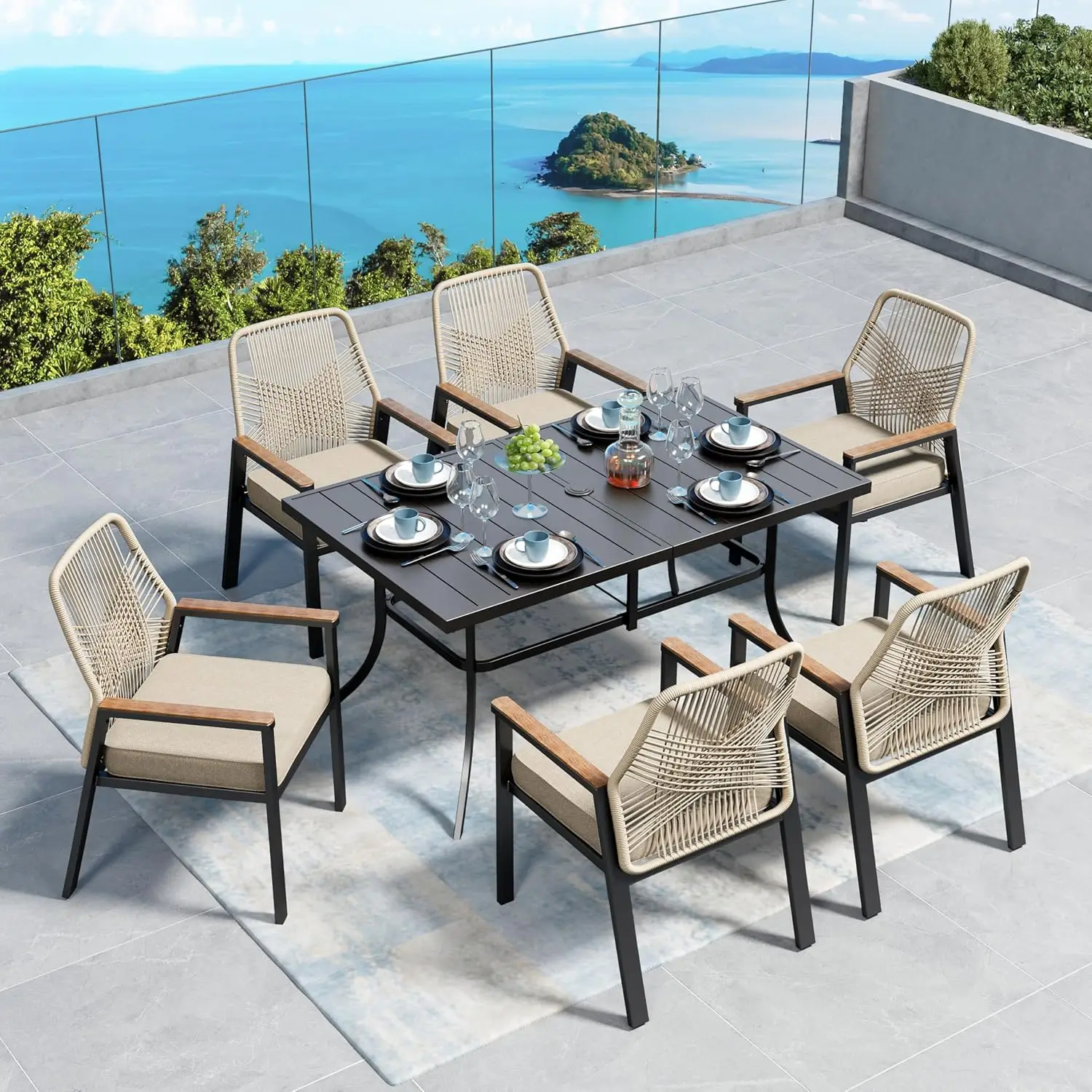 Set of 6 Heavy Rope Patio Dining Chairs with Waterproof Cushion Iron Frame All Weather   Outdoor Chairs for Kitchen Garden