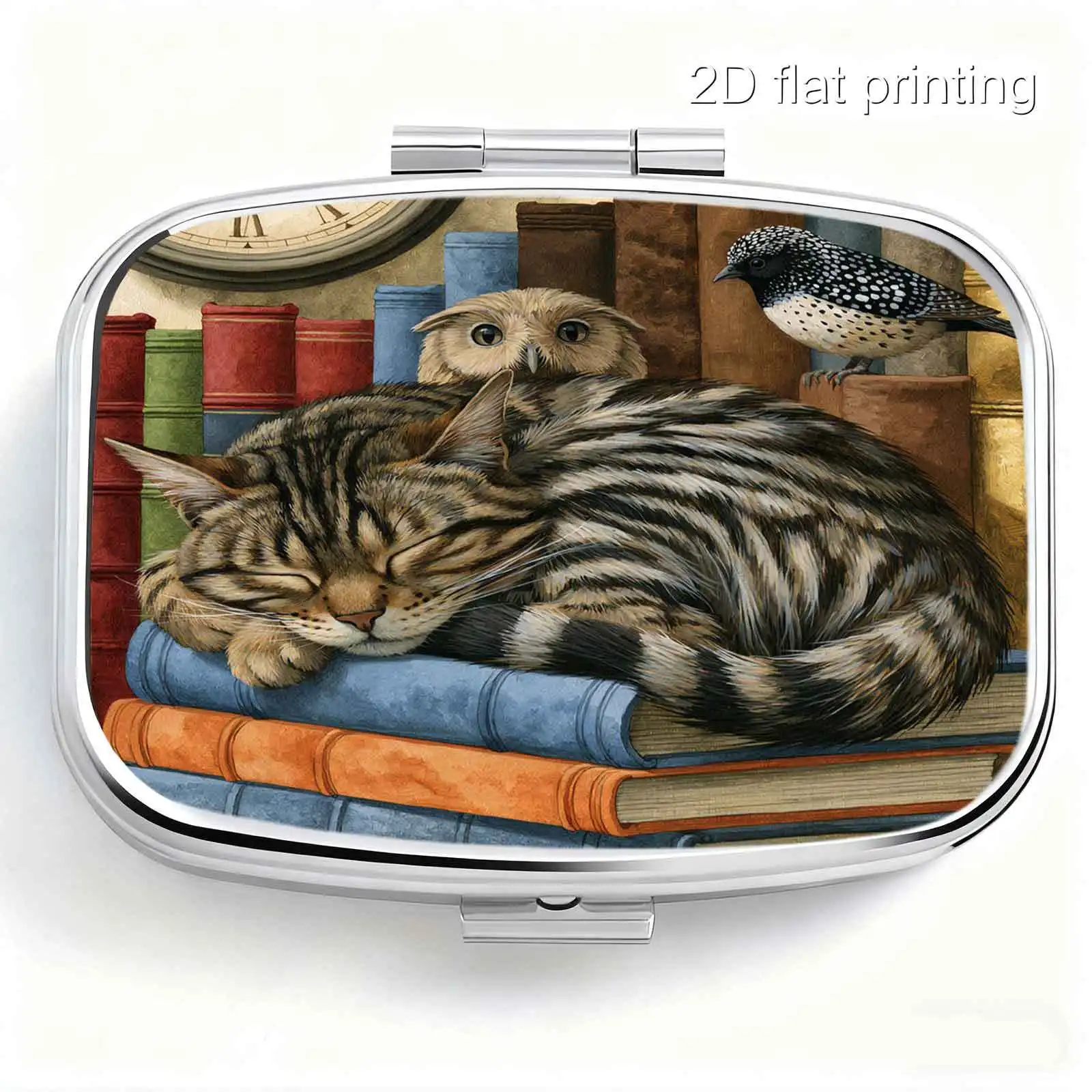 Portable Metal Material, Square Pattern with Stacked Books and Cat Motifs, Home-Use Retro Realistic Oil Painting Style Design, Capsule Box, Mini Pill Box, Convenient and Practical for Storing Regular Medication, Pills, and Capsules, Easy to Carry and Suitable as a Gift for Business Trips