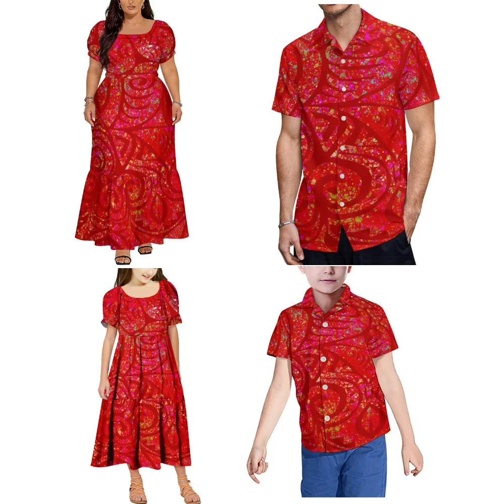 Novo Conjunto Familiar Polinésio de Verão: Vestido Vermelho de Cintura Alta Feminino e Camisa Masculina Samoana Tamanho Grande para Festas e Eventos N