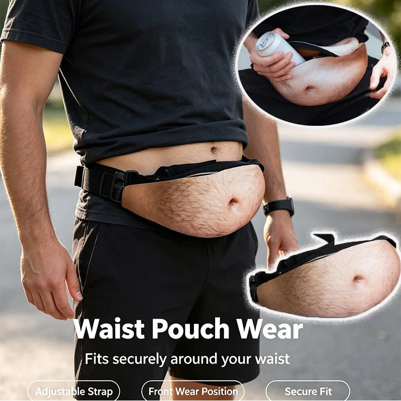 Versteckte Aufbewahrungstasche Bizarre Bierbauch-Gürteltasche - 3D Fake Bauch-Gürteltasche mit Reißverschluss für Outdoor-Reisen 2026 – Detail 2