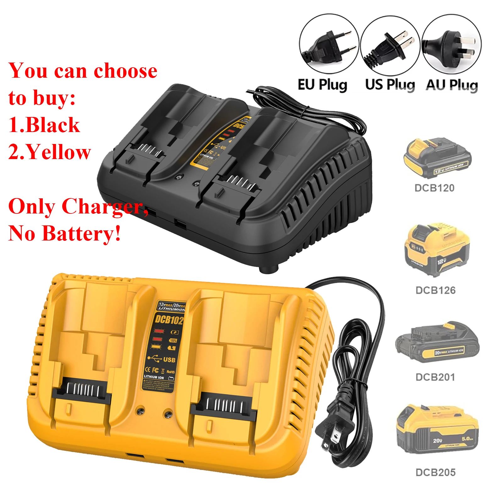 100-240V 3A For Dwalt Battery charger 12V 14.4V 18V 20V DCB102, DCB206, DCB205, DCB204, DCB203, DCB201, DCB200, DCB180, DCB181