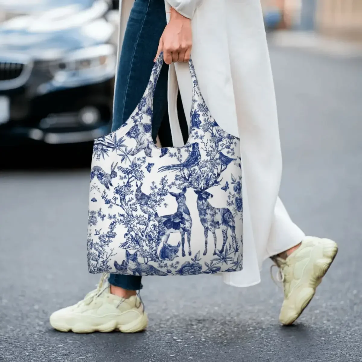 

Французская сумка-тоут Toile De Jouy, многоразовая парусиновая сумка-шоппер на плечо с цветочным принтом и животным, лес, индиго, сумки-сумки