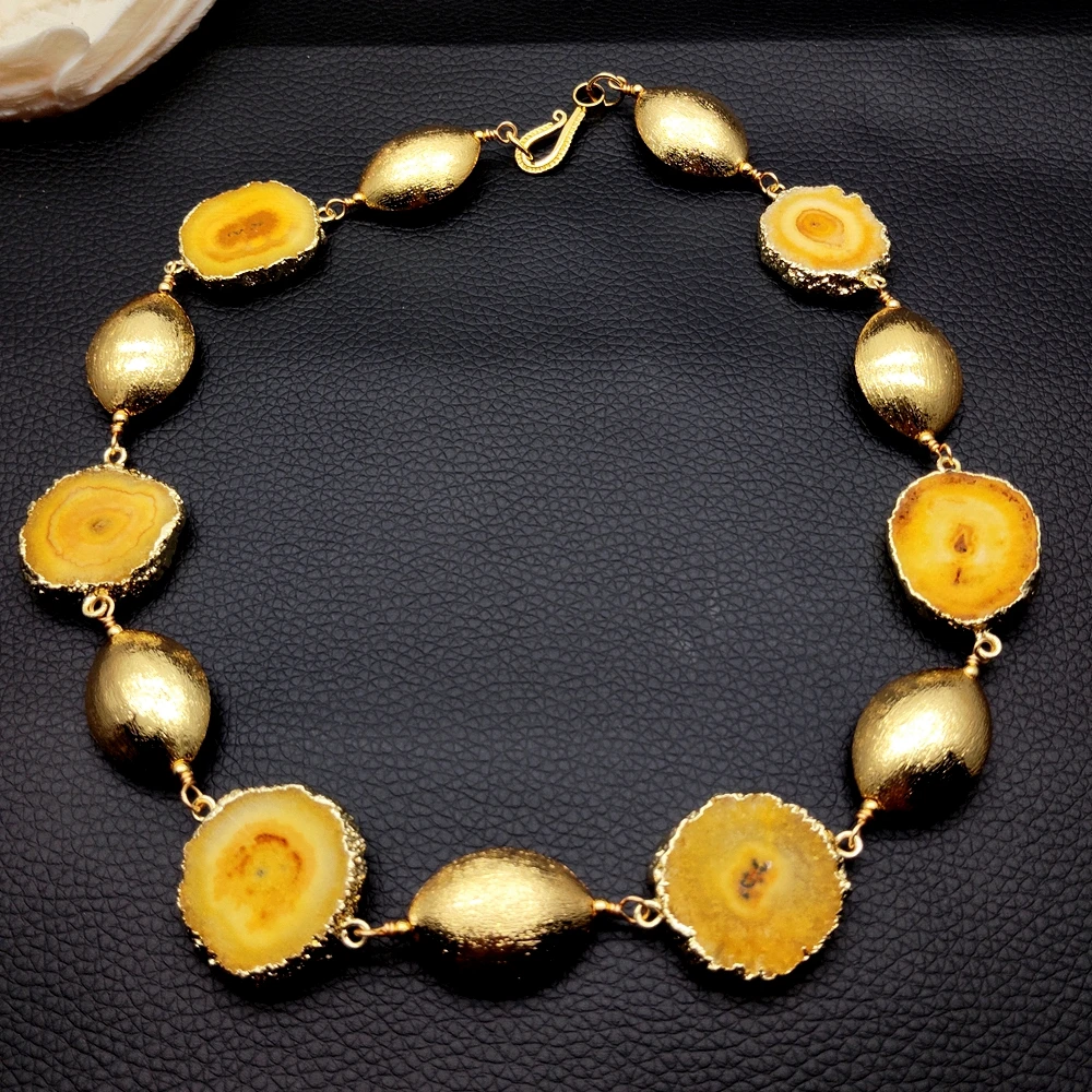 

YYGEM 24mm Yellow Agate Slice Gem Stones Brushed Bead Choker Necklace Jewelry Fashion Accessory