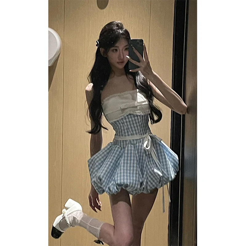 Kawaiiลายสก๊อตมินิชุดผู้หญิงแฟชั่นParty Promเซ็กซี่Budฤดูร้อนY2KเกาหลีออกแบบสายBodycon Vestidosใหม่