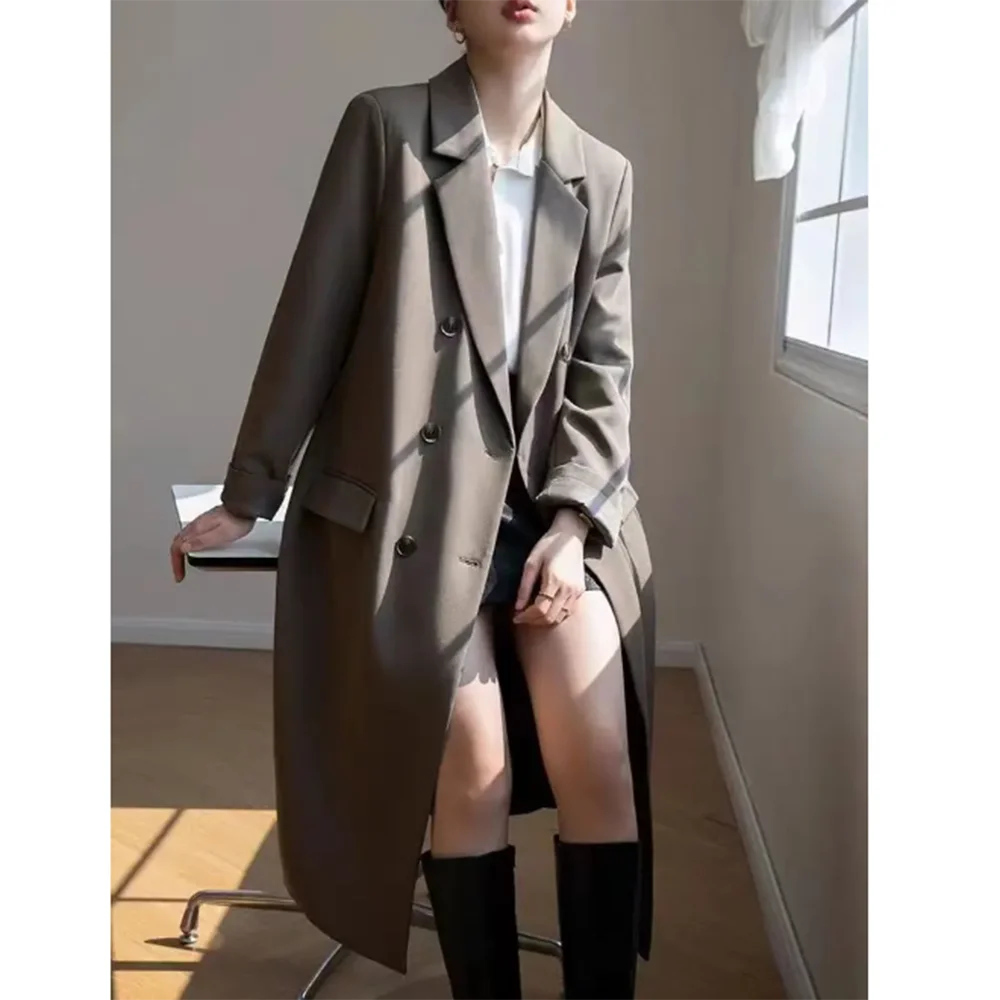 Autumn Cool Color Women Blazer Double Breasted Peak Lapel Office Lady Basic Daily Warm Long Coat Nuevo En Abrigos One Piece