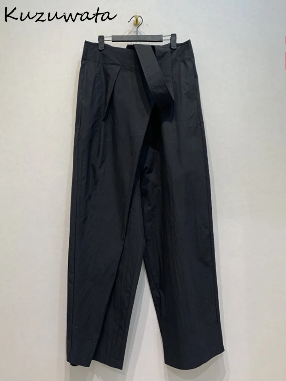 Kuzuwata New High Waist Casual Overall Slim Fit Profile Simple Irregular Elegant Cargo Pants Japan Moda Loose Ruched Jumpsuit