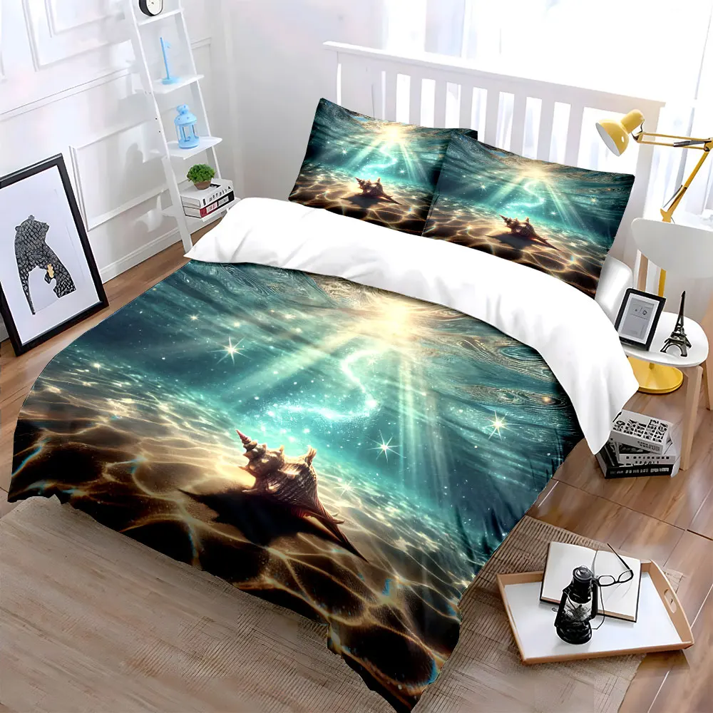 Seashell under shimmering sunlight Duvet Cover Set with 3D Printing Design Soft Polyester Bedding Set All-Season Comfort