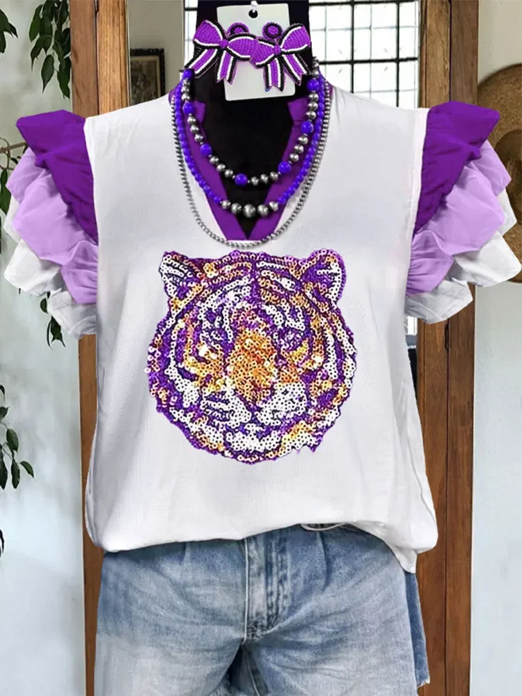 Ruffled Contrast Tiger Top Gameday Blouses