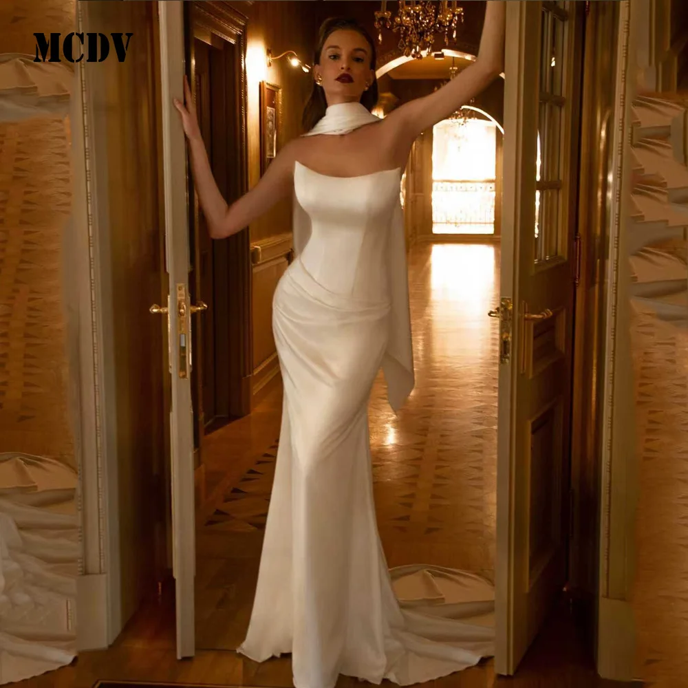 فستان زفاف MCDV من الساتان أنيق بدون حمالات بطيات حورية البحر فساتين العروس مع شال مخصص سويب تراين فيستدوس دي نوفيا 2026