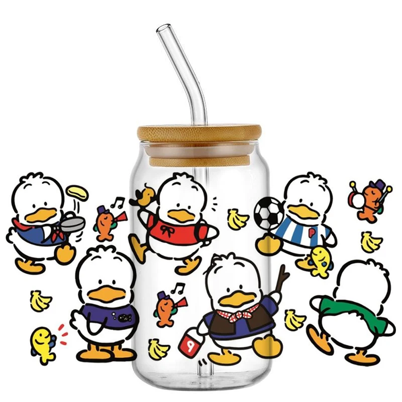 Miniso Cartoon Cute Pekkle Duck Waterproof UV DTF Cup Wrap for 16oz Libbey Glasses Can DIY Washable Transfer Sticker