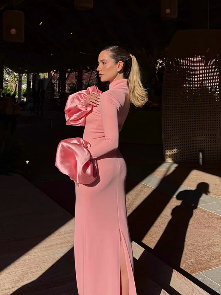 الحلو الوردي نحيل فساتين ماكسي النساء 3D الزهور طويلة الأكمام نصف الياقة العالية عالية الخصر سبليت رداء جديد حزب ثوب مسائي #2