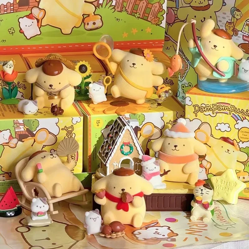 Pompompurin dzieciństwo seria cztery pory roku pudełko z niespodzianką Kawaii figurka wędkarstwo model bałwana zabawka dziecięca zaskoczony prezent