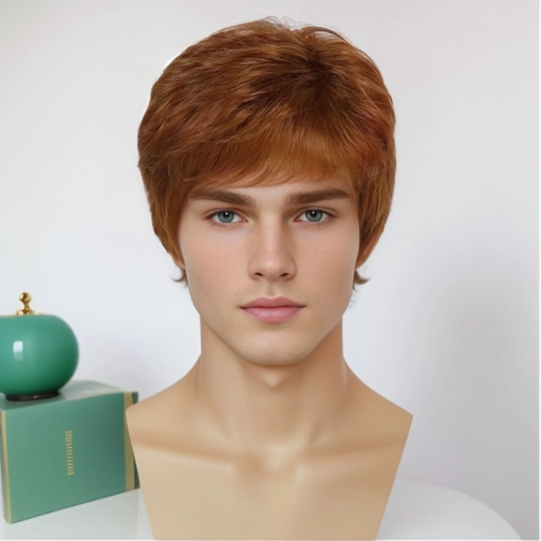 Synthetic Men's Short Pixie Cut Wig Auburn Red Brown Wig with Bangs Natural Layered Wig Stylish Daily Cosplay Costume Halloween