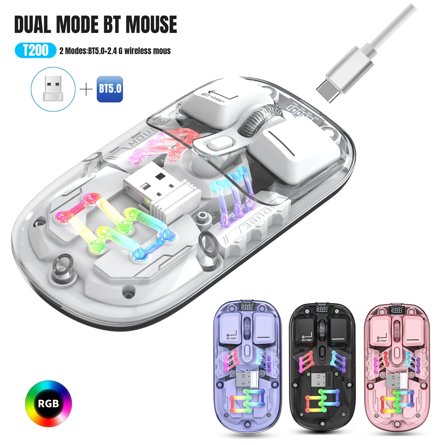 T200 Dual Mode Wireless Bluetooth Mouse Transparent Mice 2.4G USB RGB Cool Backlight Rechargeable Mouse For Windows iOS Android