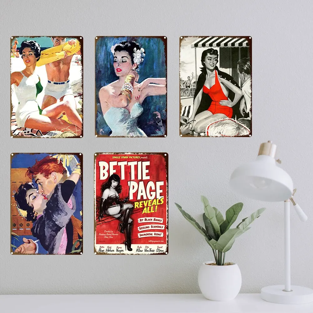 علامة قصدير معدنية مثيرة لفتاة عتيقة ، فن جداري مزخرف للمرآب ، منزل ، بار ، نادي ، ملصق معدني صناعي ريفي ، لوحة فتيات قابلن