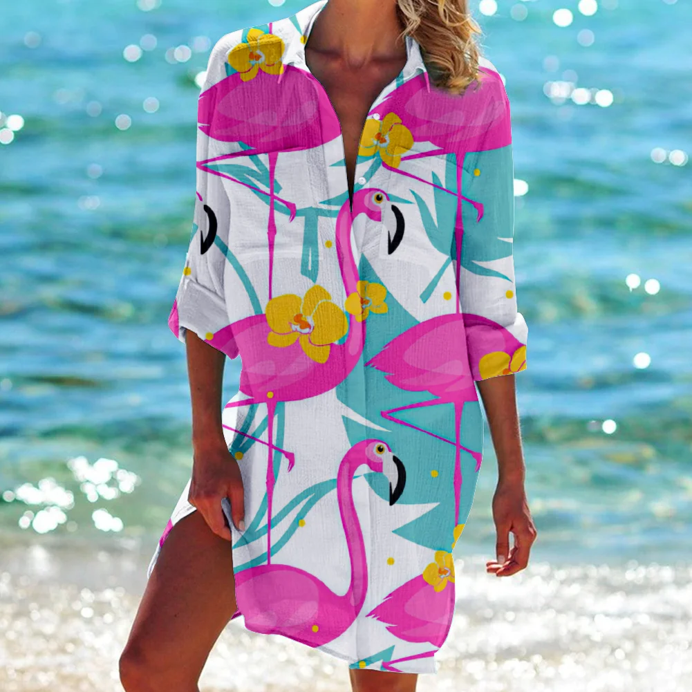 Hawaii Flamingo Printed Shirt Dress Animal Beach Sexy Blouse Outwear Shirt Long Sleeve Maxi Dress for Women Ladies Vestido Mujer