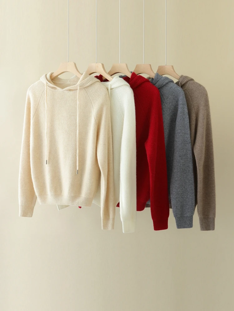 Devin Women 100% Cashmere Sweater Hooded Pullover Raglan Sleeve Casual Loose Style Autumn Winter Cashmere Knitwear Korean Tops