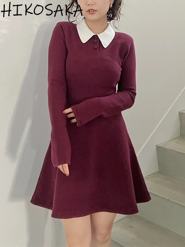 

Contrast Color Turn-down Collar Long Sleeve Knit Dress Slim Fit A-line Mini Robe 2024 Autumn Winter New Japanese Vestidos Mujer