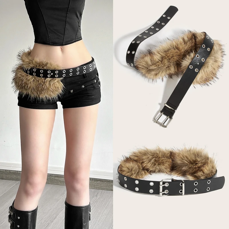 Luxury Designer fake Furry Y2k Belt Subculture Autumn Winter Retro Plush Waist Chain Imitation Fur Waist Seal Hot Girl Sexy Belt