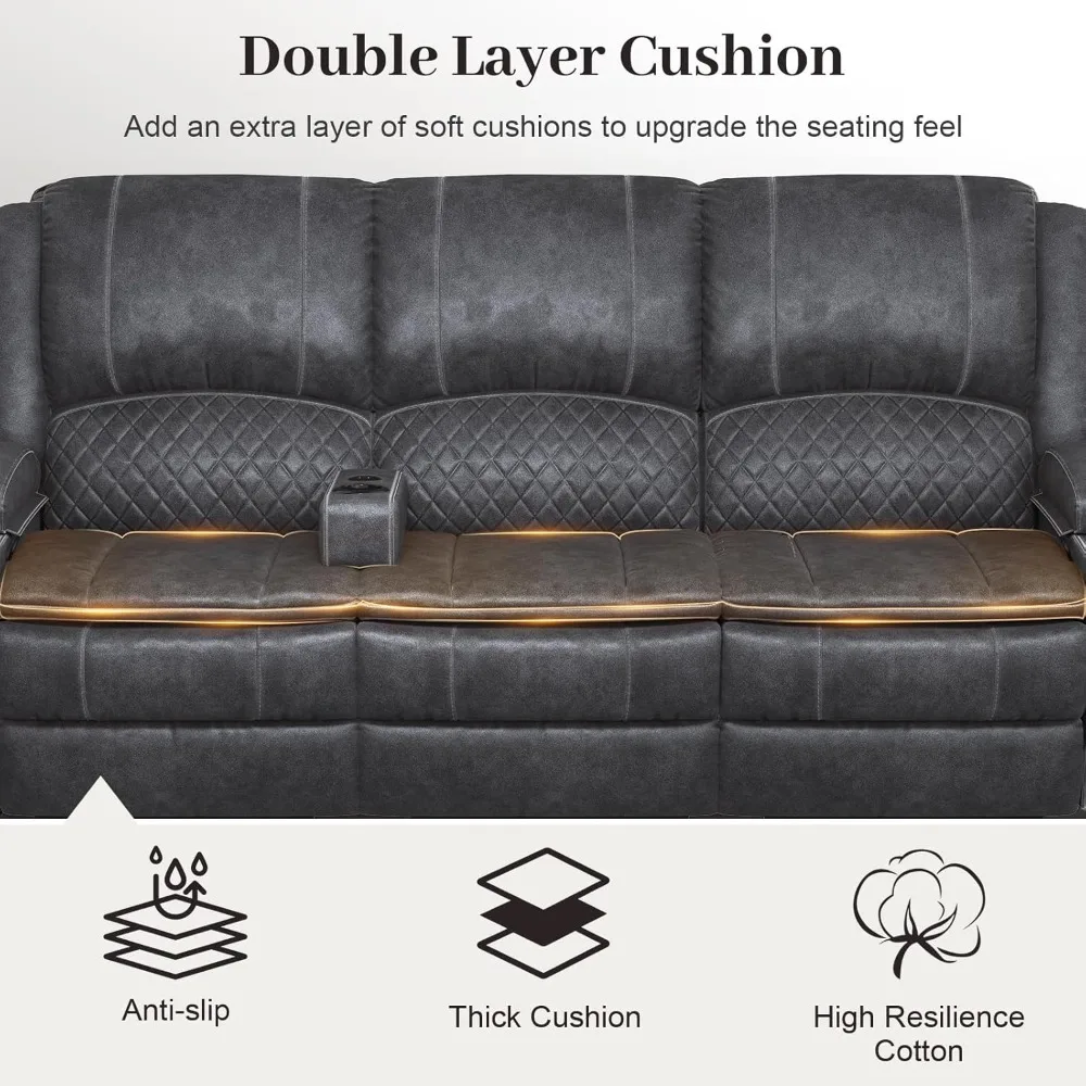 Velvet Fabric Recliner Sofa, 3 Seater Manual Reclining Sofa with Multi-Function Middle Seat, Reclining Couches for Living Room w