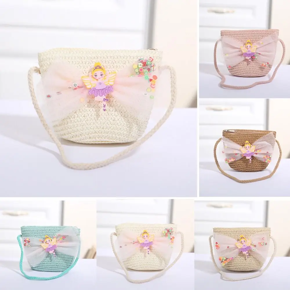 Cartoon Girl Straw Bag Summer Beach Handmade Woven Zipper Kid Messenger Bags Coin Purse Photo Props Crossbody Handbag