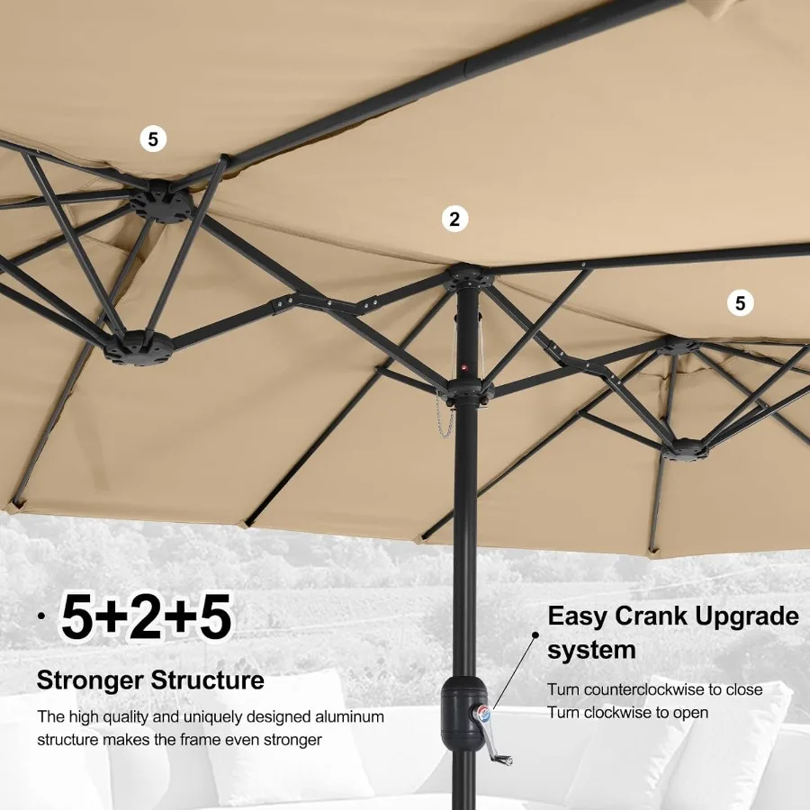Ombrellone da esterno grande da patio bifacciale da 15 piedi con base resistente per protezione solare e parasole in giardini, cortili e piscine