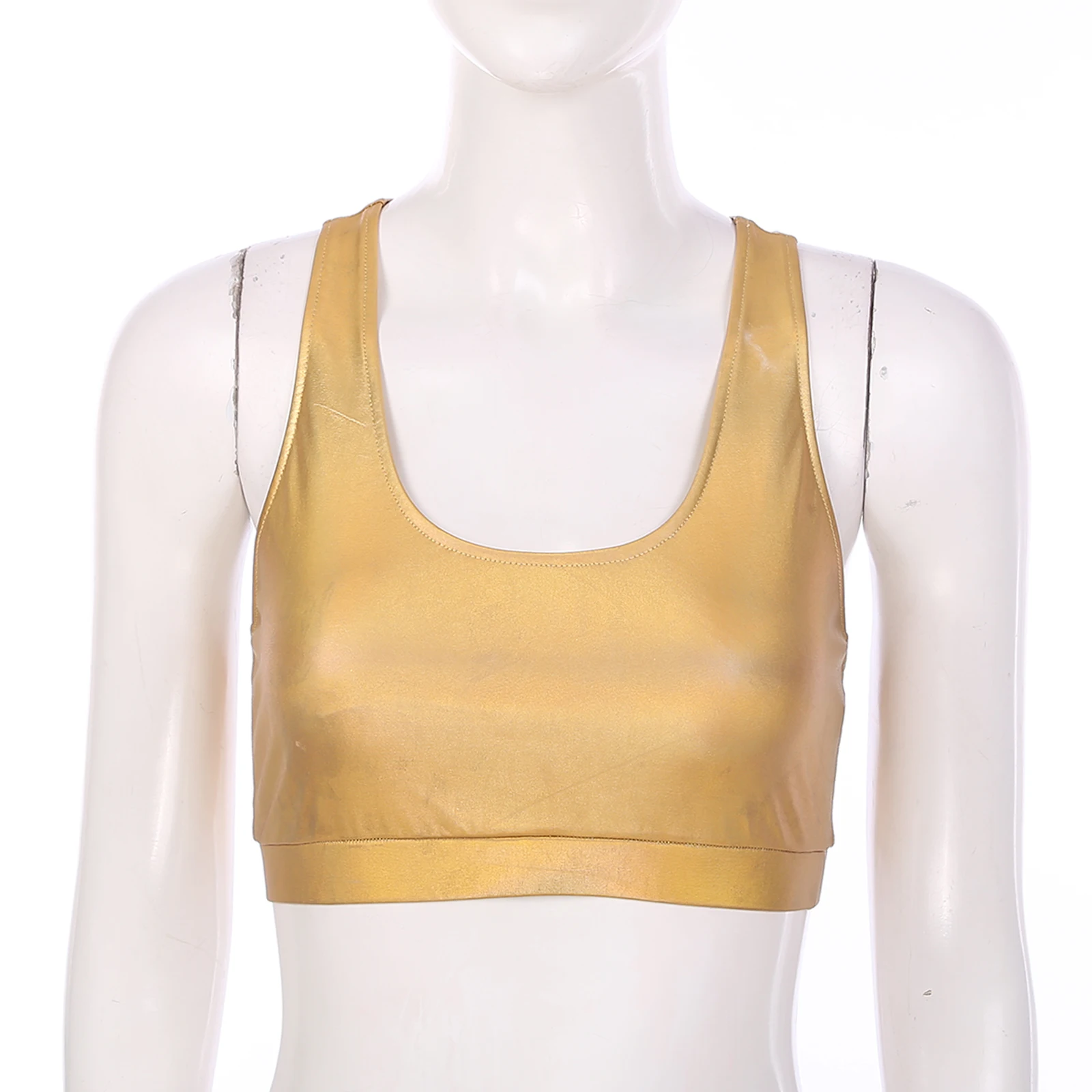 Fashion Womens Tank Tops Metallic Shiny Knipsel Terug Crop Top Sport Gym Yoga Vest Effen Kleur U Hals Mouwloos Dans kostuum