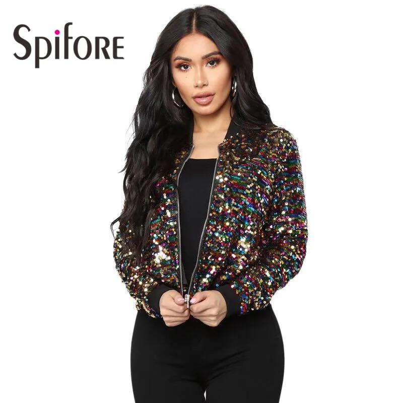 

Spifore Sequins Jackets For Women Long Sleeve Zippers Casual Coats Fashion Streetwear Party Club Glitter Clothes Dropshipping