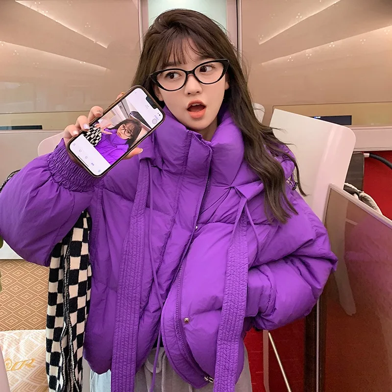 Daunen jacke kurze Parkas Frauen koreanischen Stil Kapuze Langarm Schleife Schnürung einfarbig verdickt Büro Dame Baumwolle Mantel weiblich