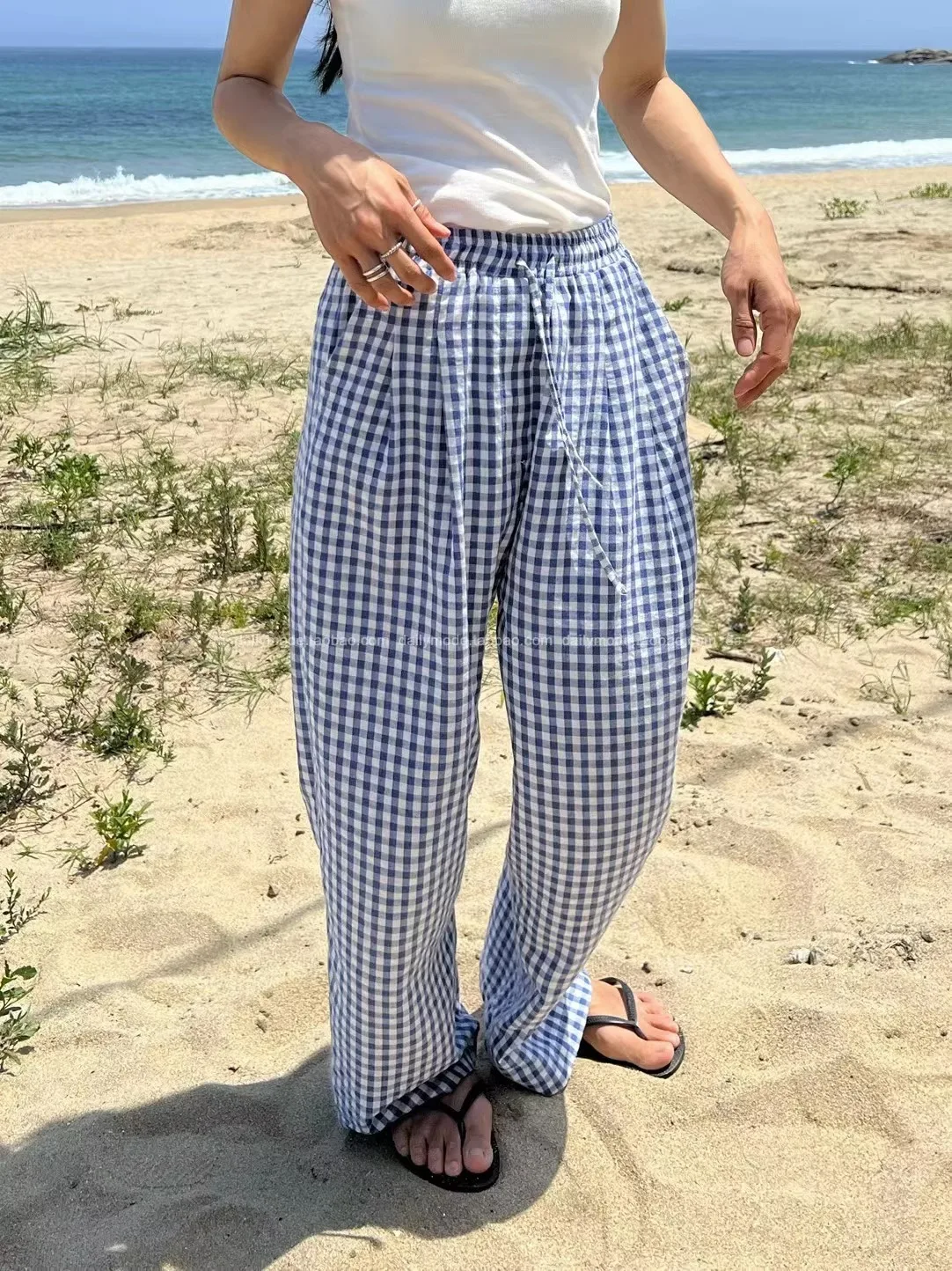 กางเกงลำลองทรงตรงเอวยางยืดลายสก็อตสีน้ำเงิน สไตล์เรียบง่าย เหมาะสำหรับใส่ไปทำงาน สไตล์เกาหลี เอวสูง ใส่สบายในฤดูร้อน ผ้าบาง...