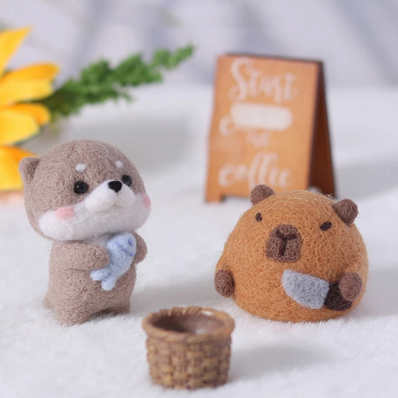 Bonito gordinho capivara peixe cinza iniciante material kit lã feltro artesanal diy boneca brinquedos de pelúcia decorações de mesa