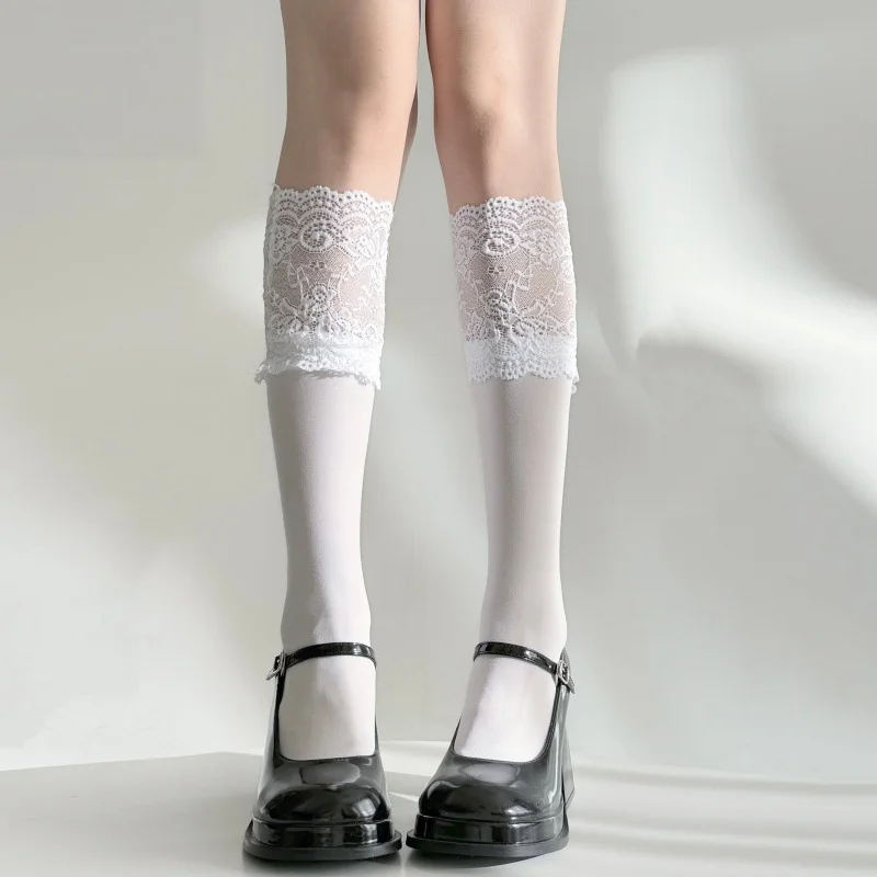 Spring Autumn White Lace Ruffle Mid-Calf Socks Maillard Literary Style Slouchy Boot Socks Personality Women Socks Boots Matching