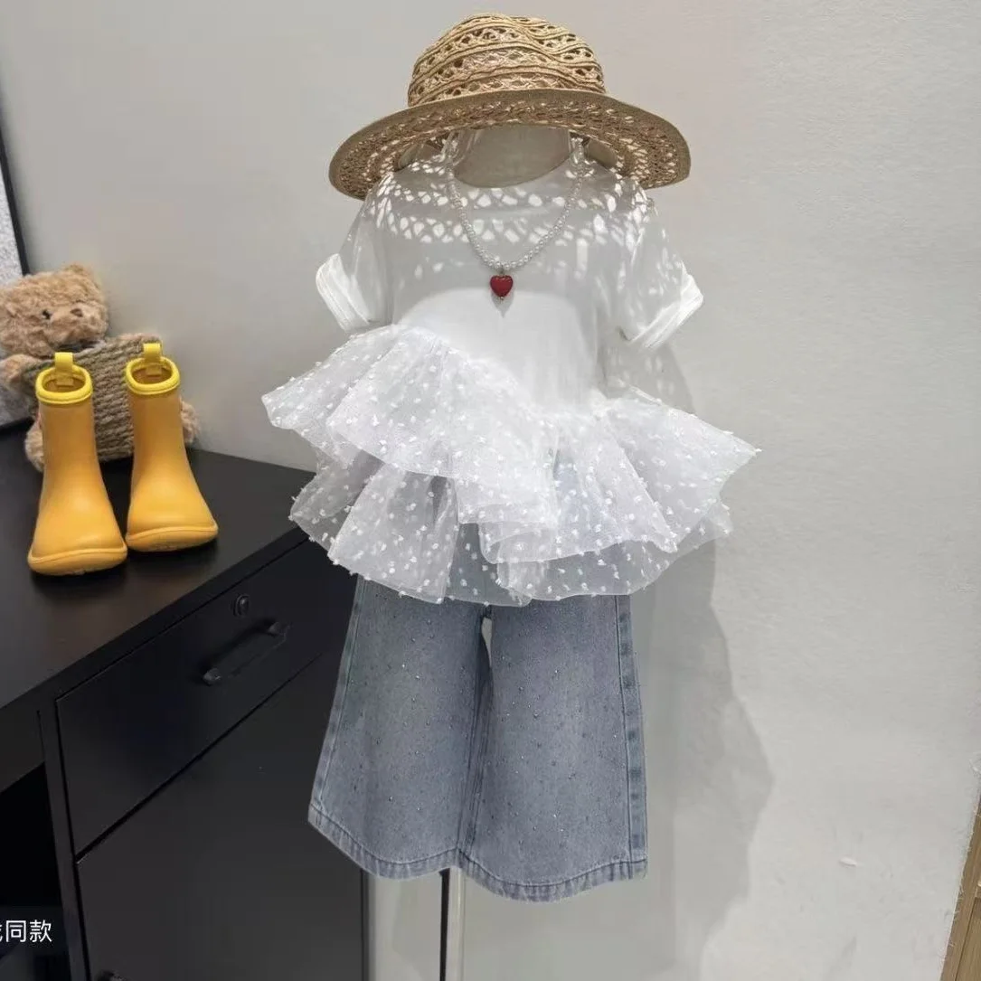 Girls' Short sleeved Set Summer New Korean Children's Mesh Splicing Doll Shirt Top Hot Diamond Jeans 2Pcs