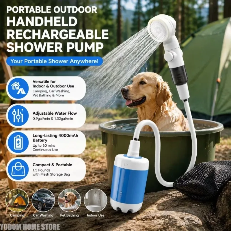 Portable Rechargeable Outdoor Shower Handheld Compact Design Gentle Shower Stream for Dog Bathing Car Washing Flower Watering