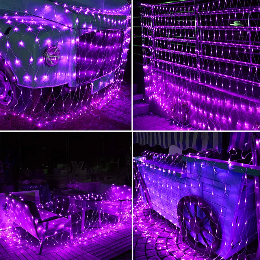 Halloween LED Net Lights, Mesh String Light, Rosa, Roxo, Natal, Ao ar livre, Suspensão, 3 m, 6 m x 4m
