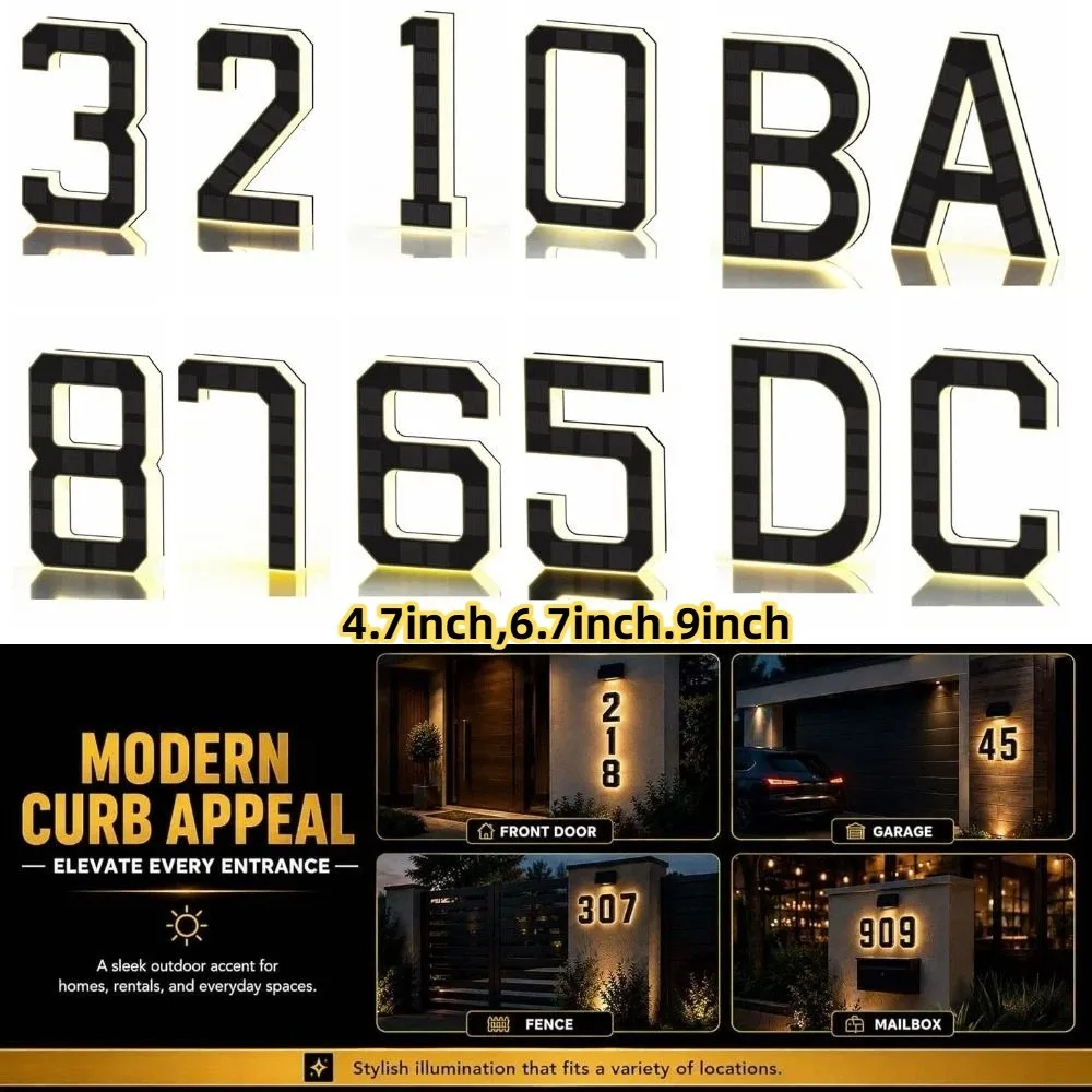 Highlighting Solar Lighted House Numbers Light IP65 Waterproof 4.7inch,6.7inch.9inch LED House Number Plaque No Wiring