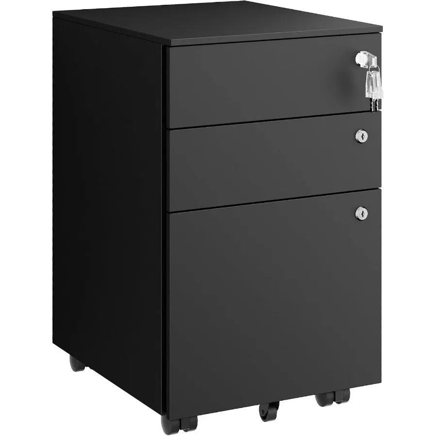 3 Drawers File Cabinet with 3 Lock, Mobile Metal Filing Cabinet, Fully Assembled Except Casters, for Home Office, for A4, Lette