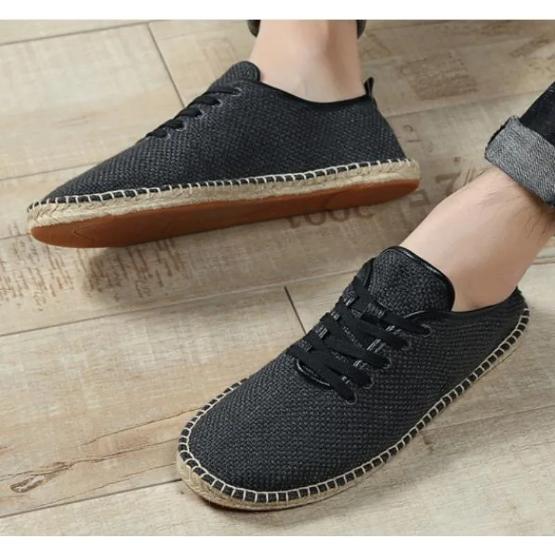 Mens Linen Cloth Flats Shoes Casual Fisherman Solid Color Driving Footwear Summer Breathable Casual Fashion Men Lace-up Shoes