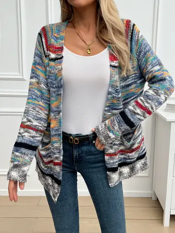 Vintage Rainbow Color Blocking Sweater Knitted Top Cardigan Loose Fit Casual Niche Situation Trendy American Style Idle Style